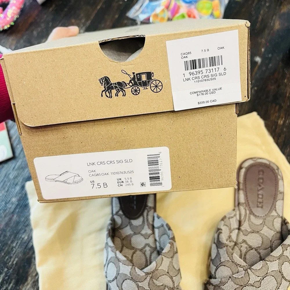 Coach Signature Jacquard Slide Sandals – Oak – Size 7.5B – Brand New in Box
